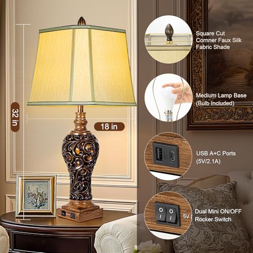 Vintage Brown Table Lamps Set of 2 with Faux Silk Shades F506