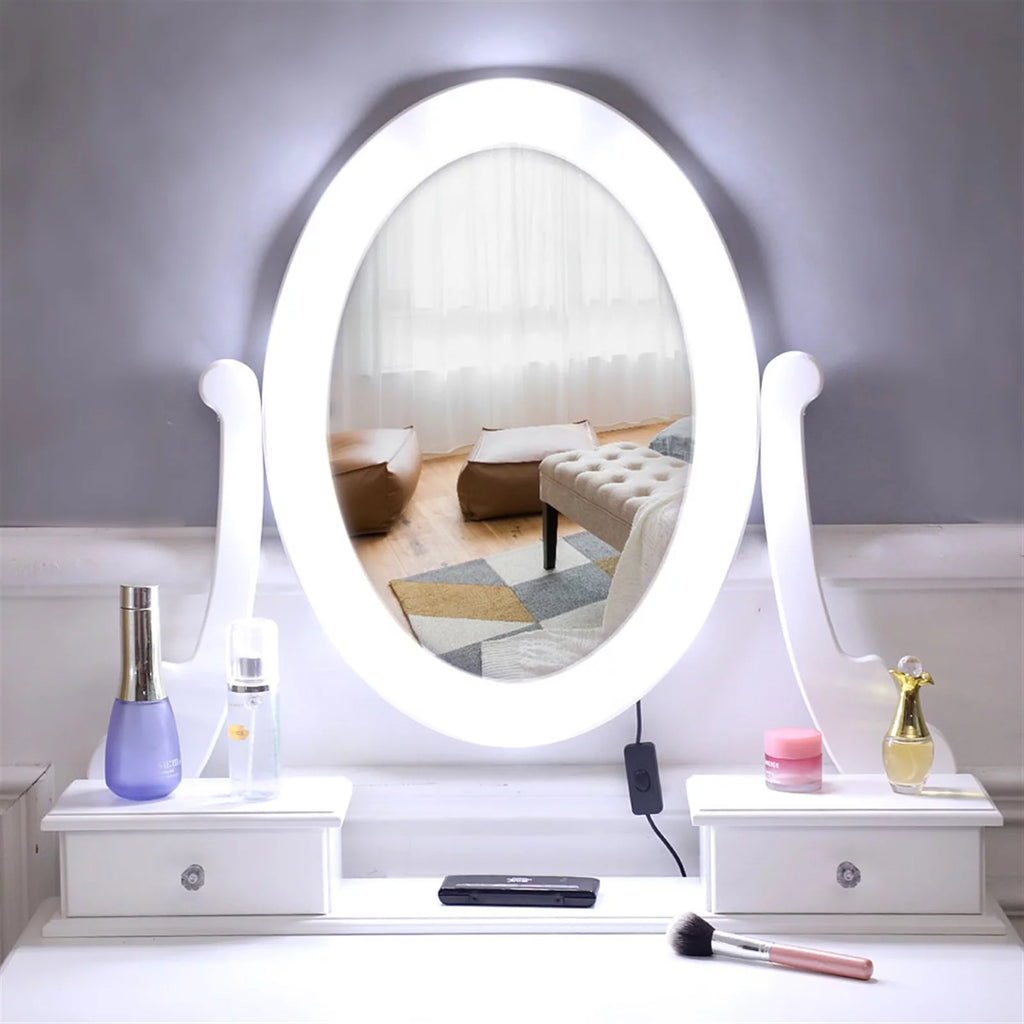 White Vanity Table Set with Lighted Mirror and Stool V38686