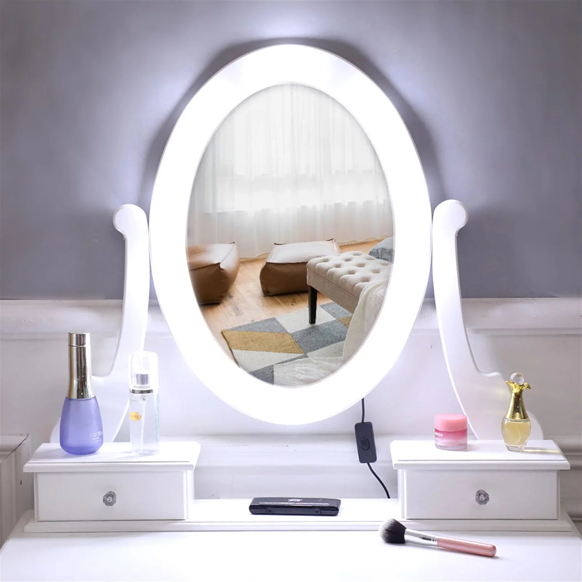 White Vanity Table Set with Lighted Mirror and Stool V38686
