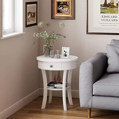 Round 2-Tier Wood End Table with Drawer U509