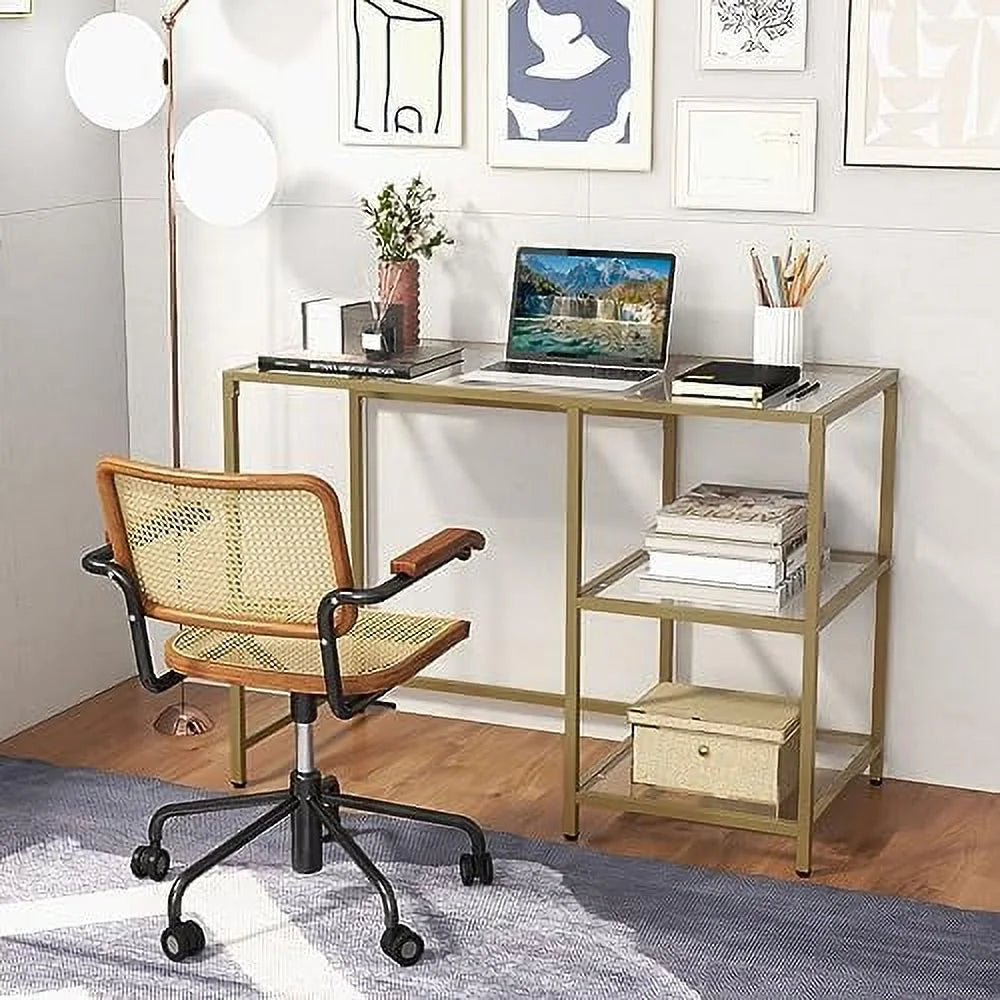 Tempered Glass Computer Desk with 2-Tier Shelves Gold S2698