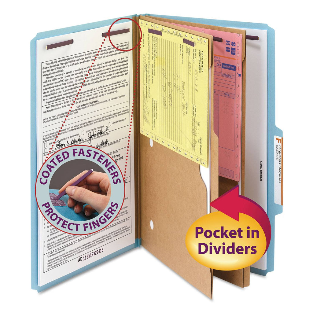 Blue 6-Section Pressboard Classification Folders with 2 Dividers, Legal, 10/bx S258