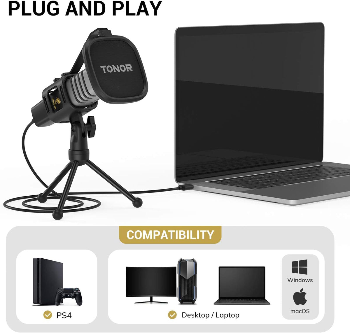 USB Microphone with Tripod Stand, Pop Filter, Shock Mount Q77326