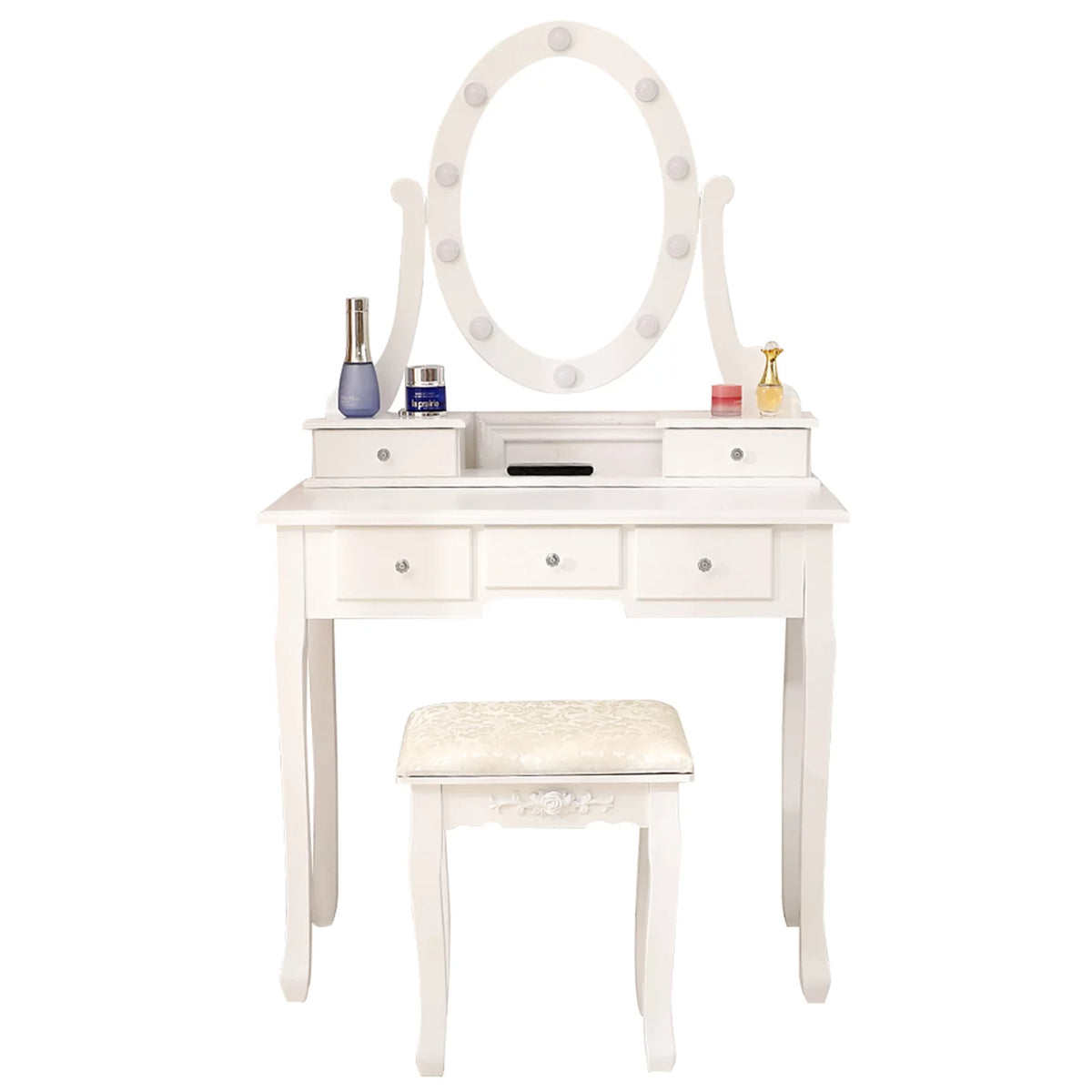 White Vanity Table Set with Lighted Mirror and Stool V38686