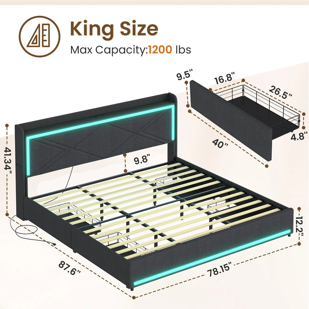King Size Faux Leather Upholstered Platform Bed Frame with Storage Drawers, LED Lights Headboard, USB-C Charging Station, Black O263