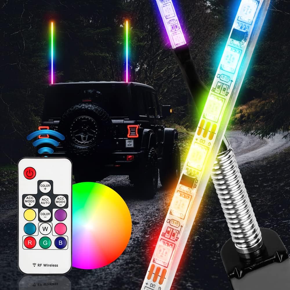 2pcs LED Whip Lights Waterproof 5050 RGB Antenna Whips with RF Wireless Remote Control 3.7ft G4099