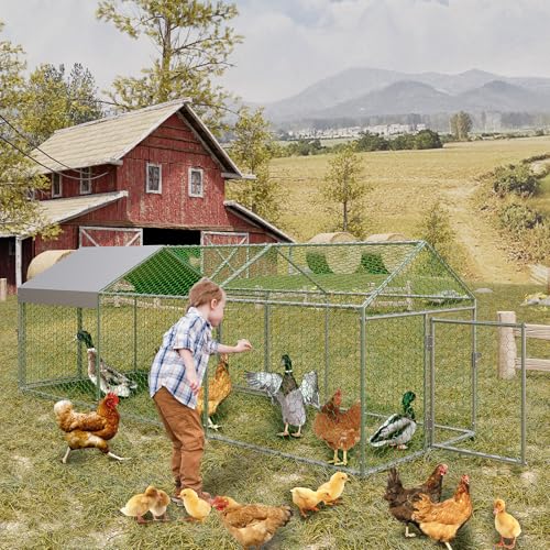 Large Metal Chicken Coop with Waterproof Anti-UV Cover, Silver, 120"×40"×40" I283609