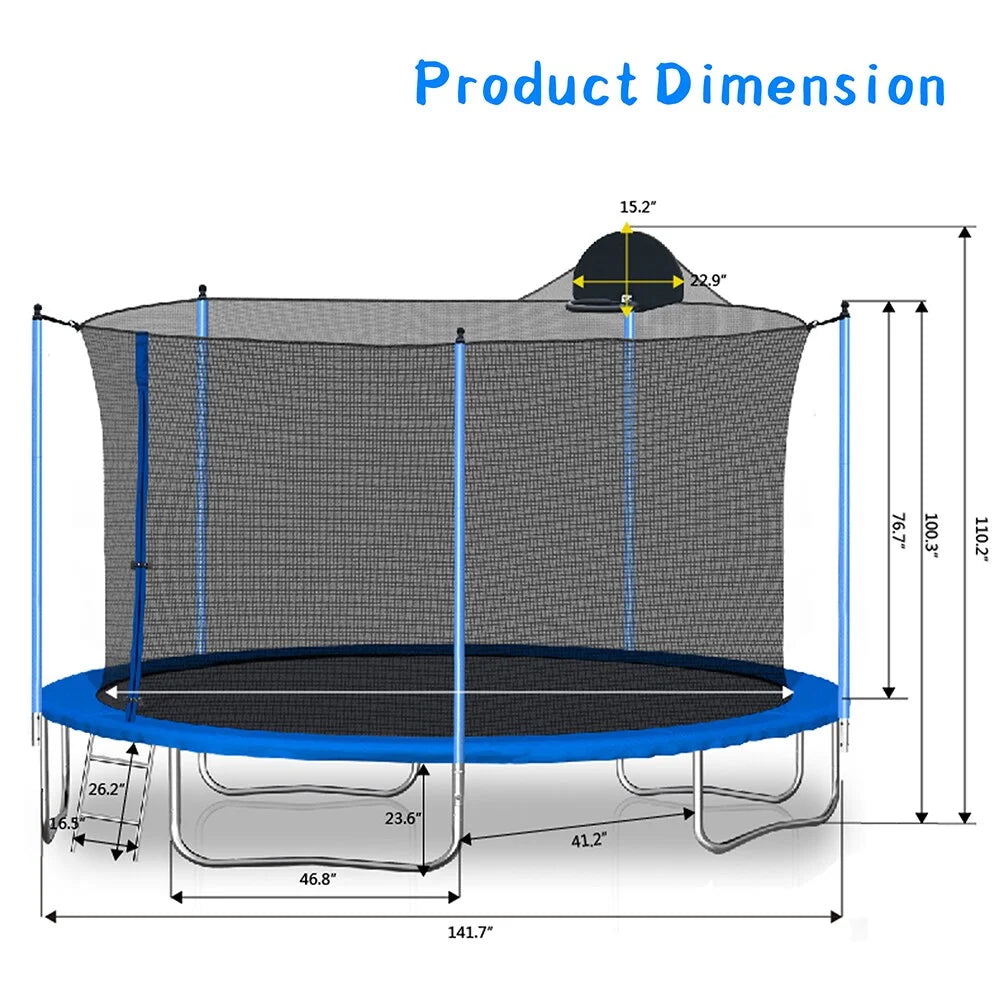 12 FT Trampoline with Safety Enclosure Net, Basketball Hoop and Ladder R274