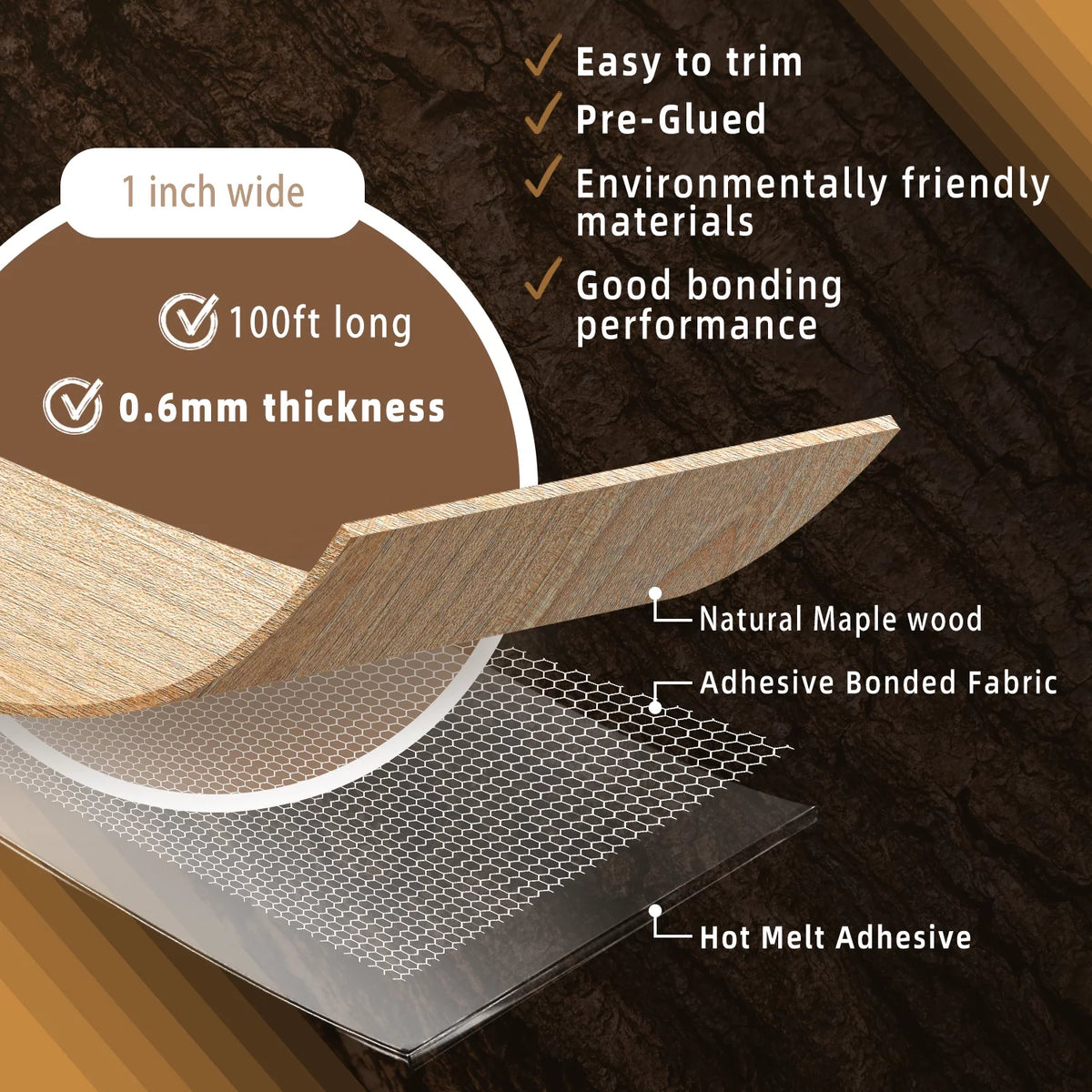 1 inch x 100ft Pre-glued Flexible Real Wood Veneer Edge Banding O414450