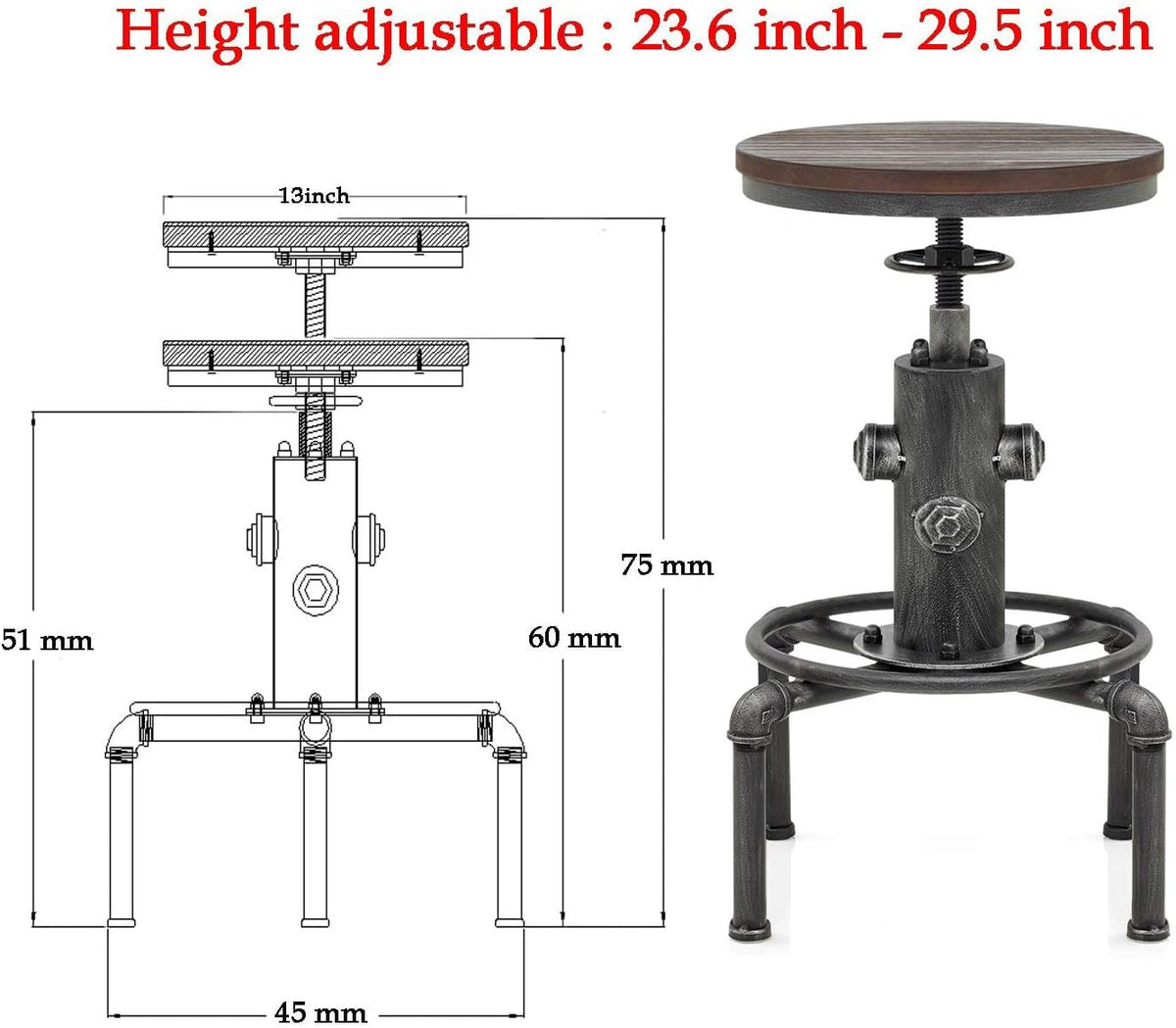 Adjustable Height Solid Wood Barstool Set of 2 S26165