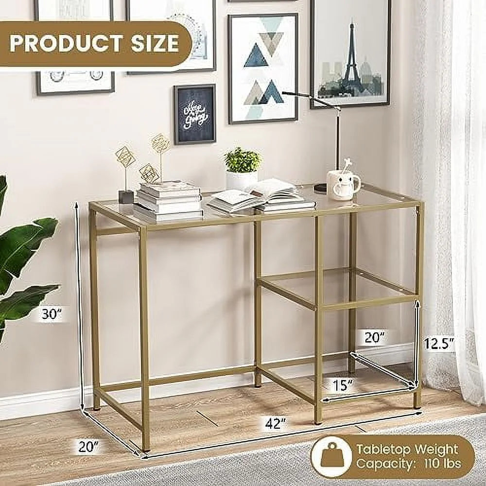 Tempered Glass Computer Desk with 2-Tier Shelves Gold S2698