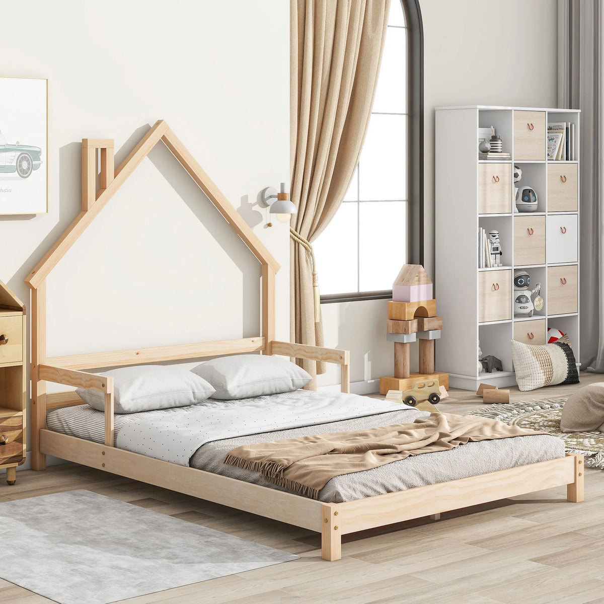 Wood House-Shaped Headboard Floor Bed with Handrails B381