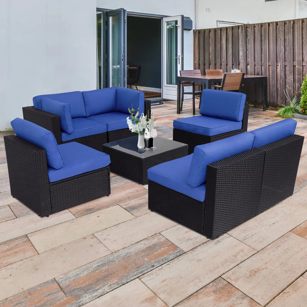 7 Pc Outdoor Rattan Wicker Sectional Sofa Set with Dark Blue Cushions O815636