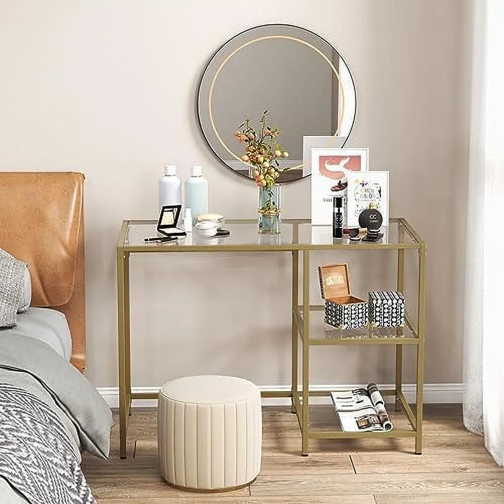 Tempered Glass Computer Desk with 2-Tier Shelves Gold S2698
