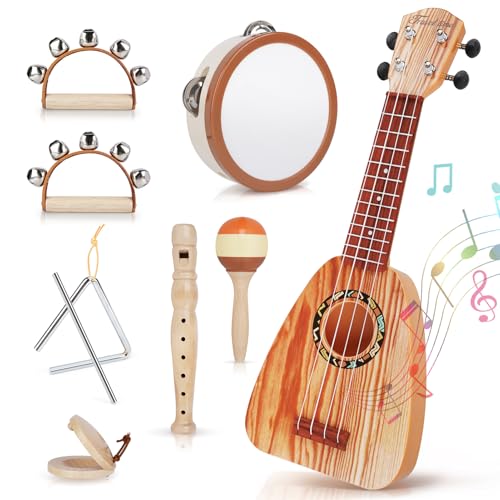 Kids Guitar Set 7 in 1 Musical Instruments with Ukulele Flute Tambourine Maracas A56839