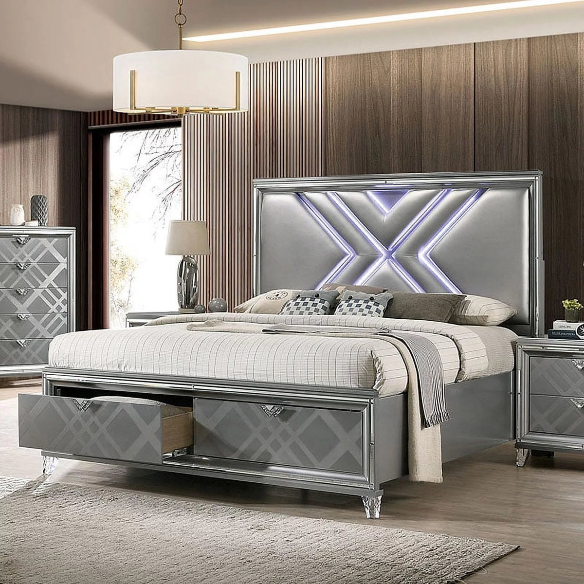 Queen Size Bed with Drawers and LED W5318