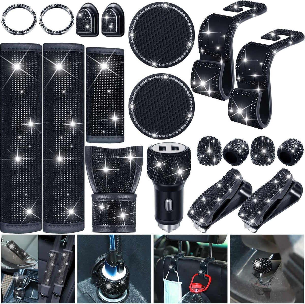19 Pcs Bling Car Accessories Set (White) W522448