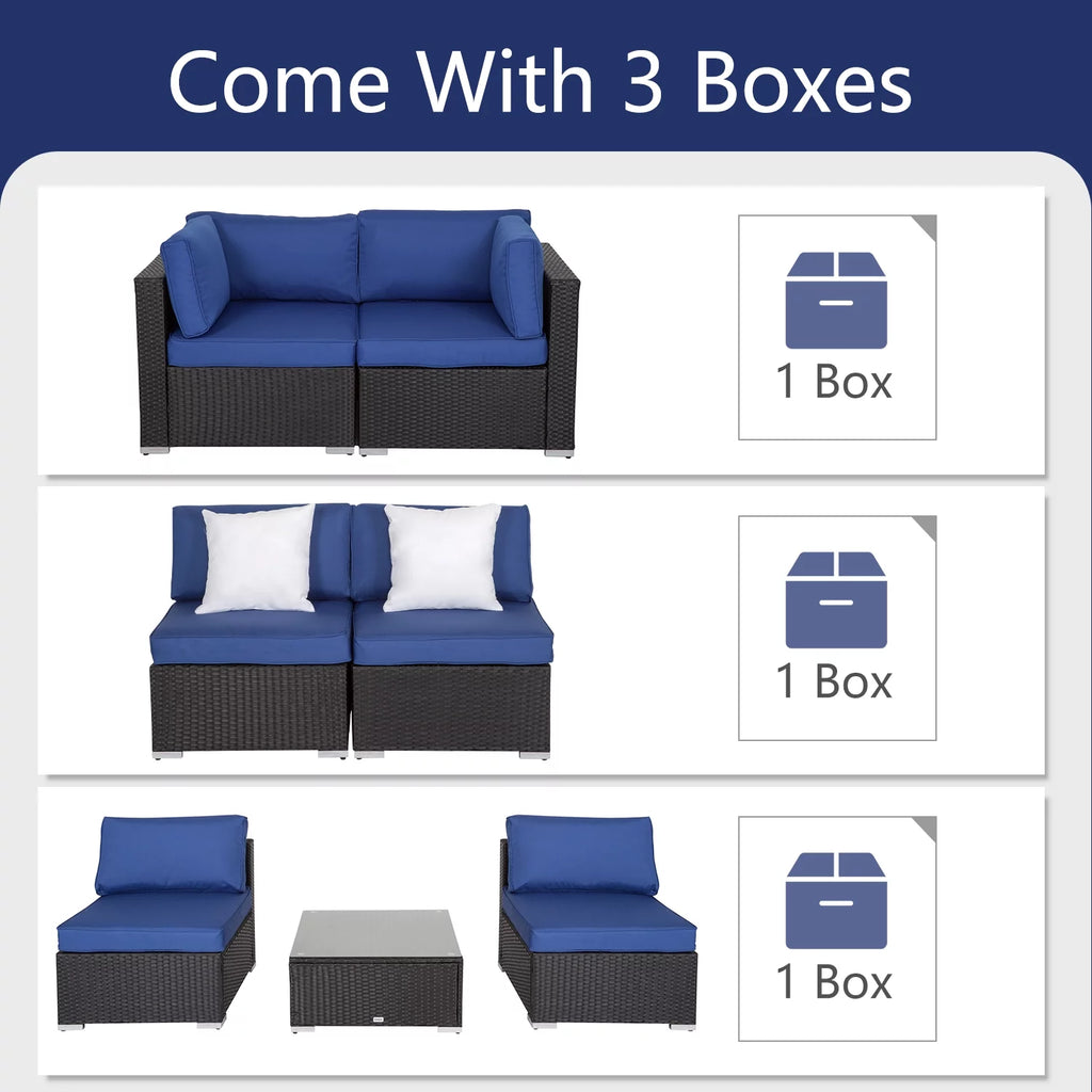 7 Pc Outdoor Rattan Wicker Sectional Sofa Set with Dark Blue Cushions O815636