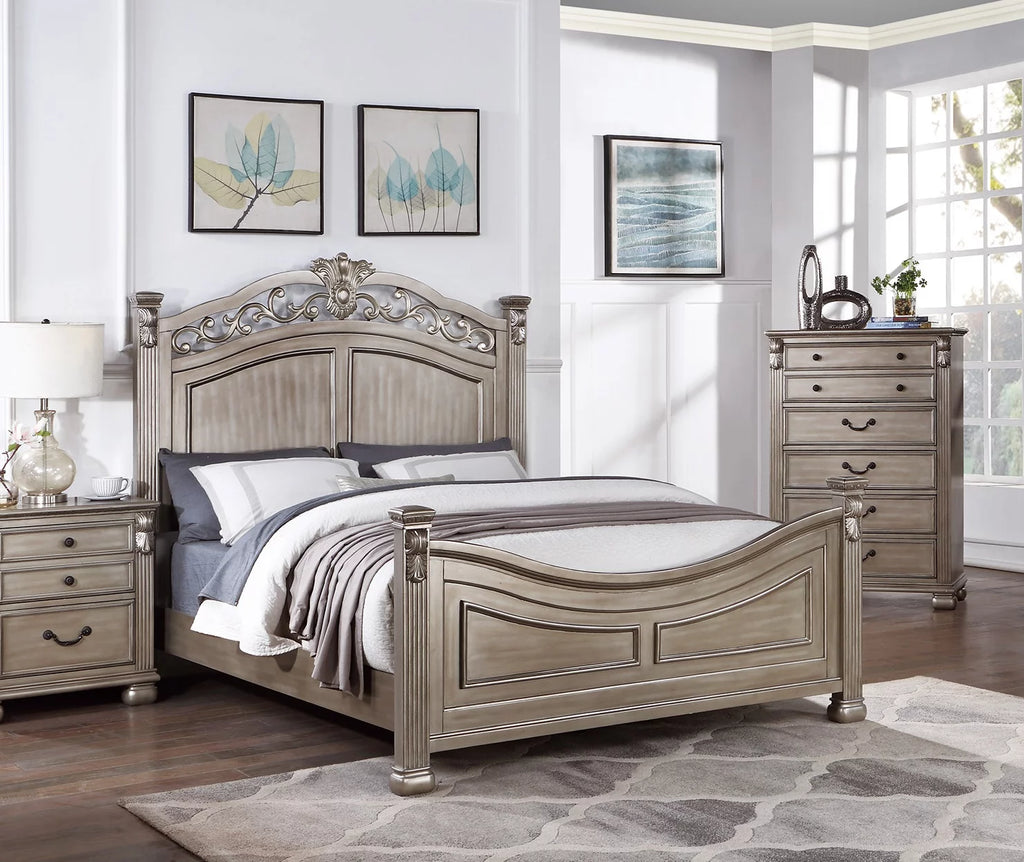 Eastern King Bed 2x Nightstands Wooden Grey Finish 3pc Set S607