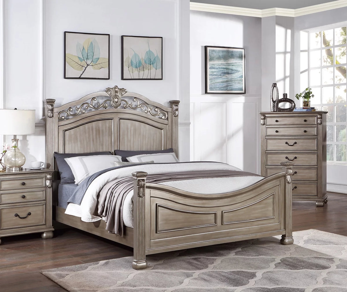 Eastern King Bed 2x Nightstands Wooden Grey Finish 3pc Set S607