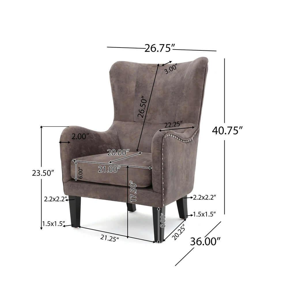 Gray Brown Microfiber Wingback Club Chair with Nailhead Trim J144