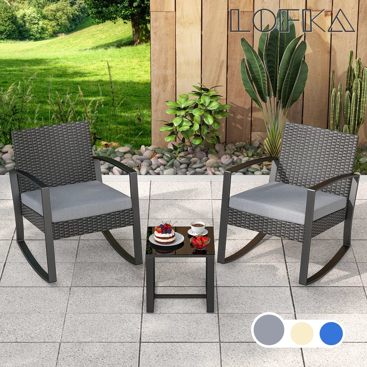 3-Piece PE Rattan Patio Chairs Set with Glass Coffee Table J8372