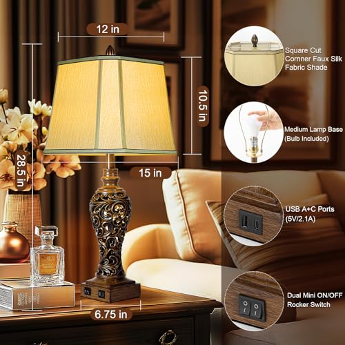 Vintage Brown Table Lamps Set of 2 with Faux Silk Shades F506
