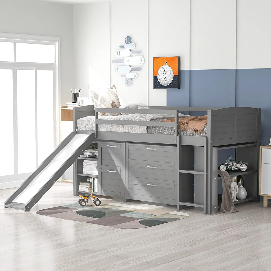 Twin Loft Bed with Slide, Ladder and Guardrail E9584