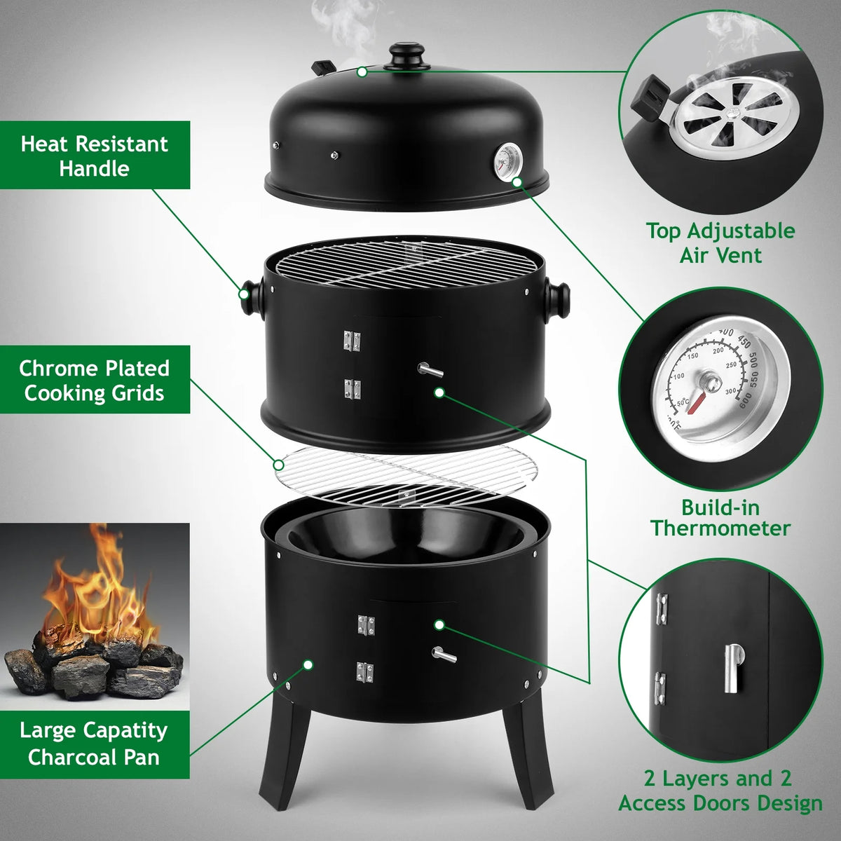 Charcoal Grill with 3 Levels Black Y275