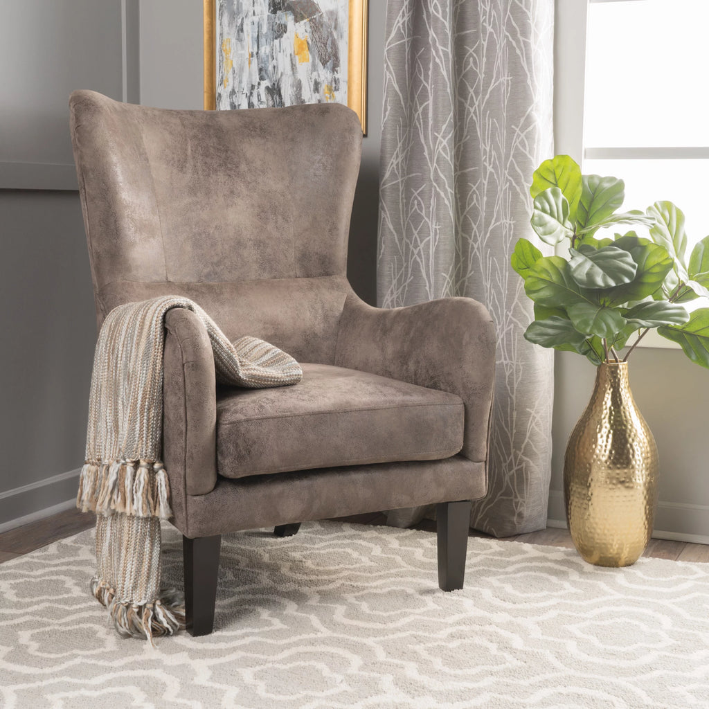 Gray Brown Microfiber Wingback Club Chair with Nailhead Trim J144