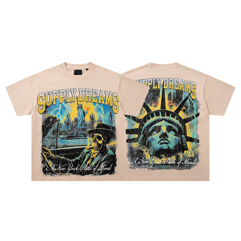 SUPPLY Dreams Statue Of Liberty Beige Washed Oversized Graphic T‑Shirt