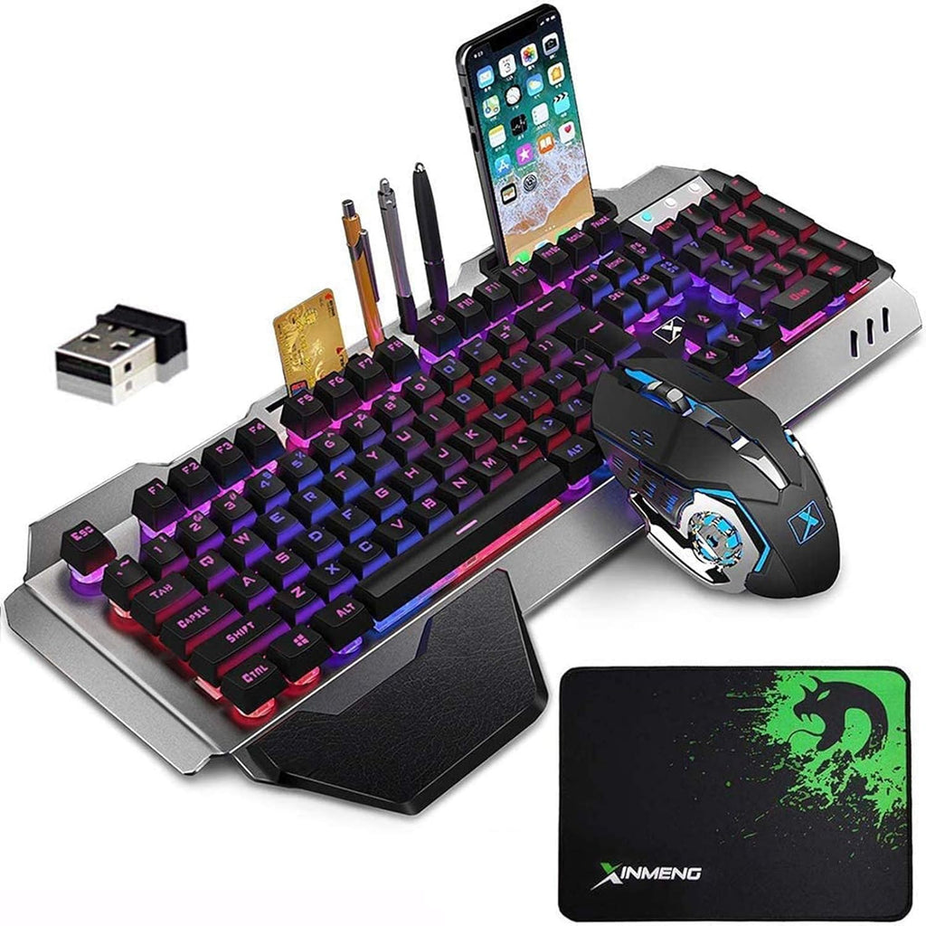 Wireless Gaming Keyboard and Mouse Rainbow LED Rechargeable Mechanical Ergonomic Waterproof Black E66289