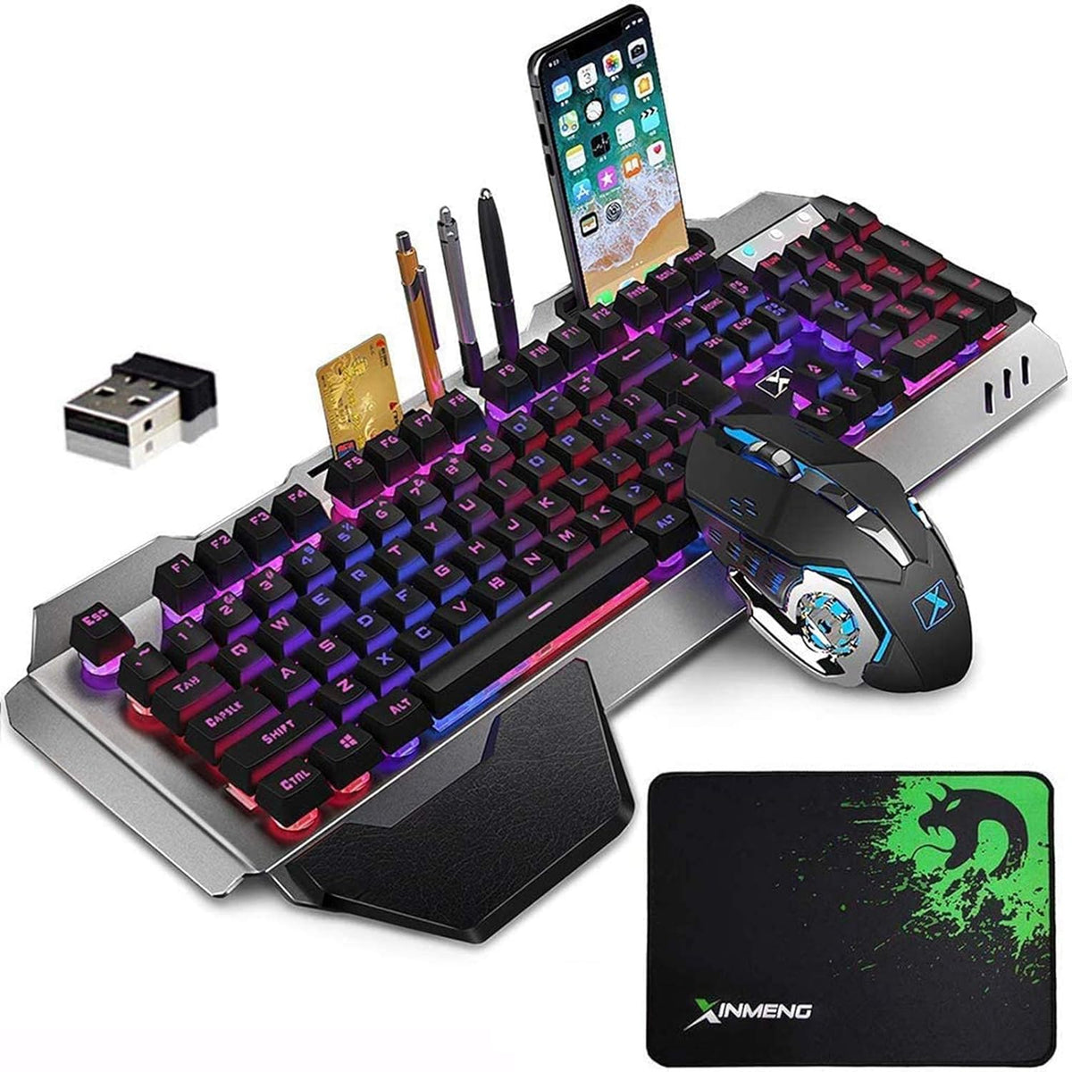 Wireless Gaming Keyboard and Mouse Rainbow LED Rechargeable Mechanical Ergonomic Waterproof Black E66289
