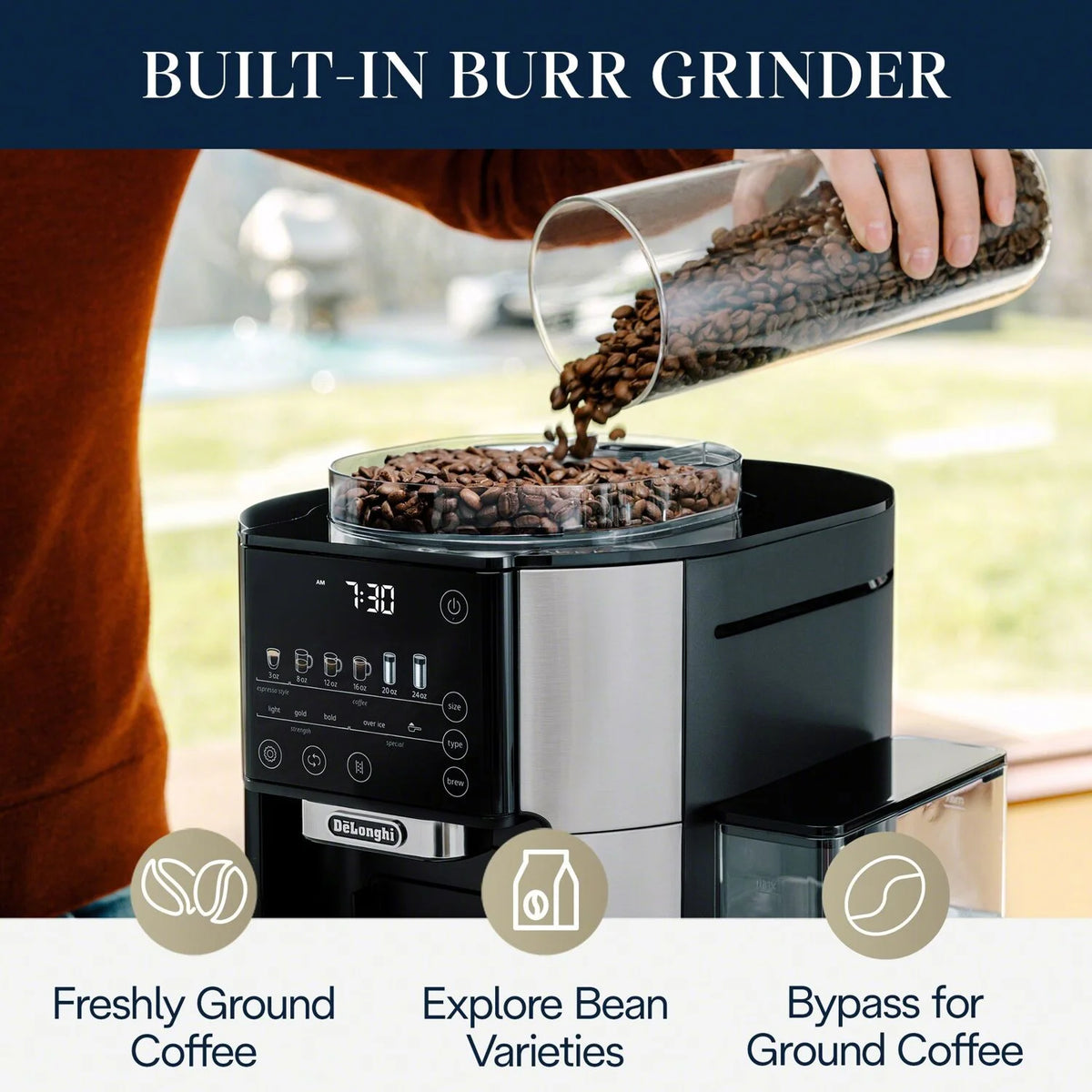 Automatic Single-Serve Drip Coffee Maker with Built-In Grinder, Stainless Steel D532005