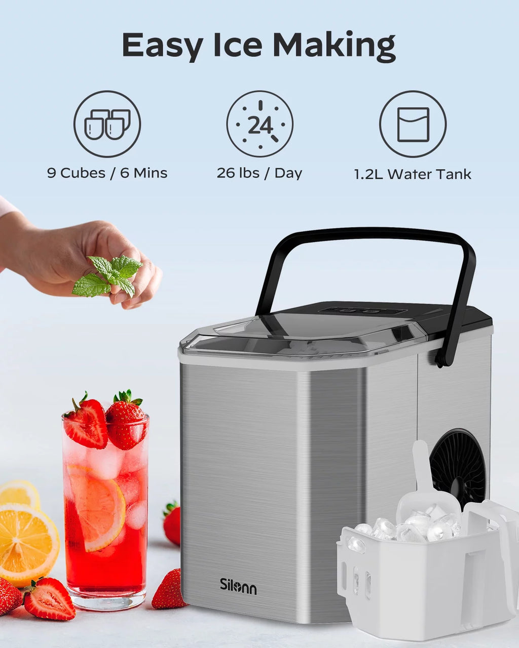 Countertop Ice Maker Machine with Handle, 9pcs/6min, 26lbs/24h, Silver L84770