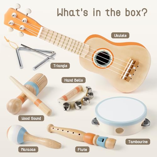 Kids Guitar Set 7 in 1 Musical Instruments with Ukulele Flute Tambourine Maracas A56839