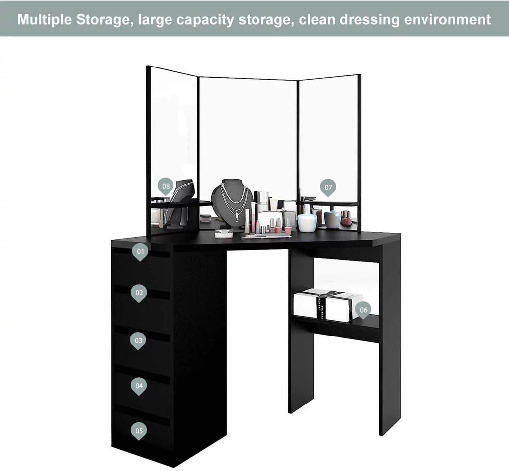 Black 5 Drawer Vanity Table with Three-Fold Mirror R199