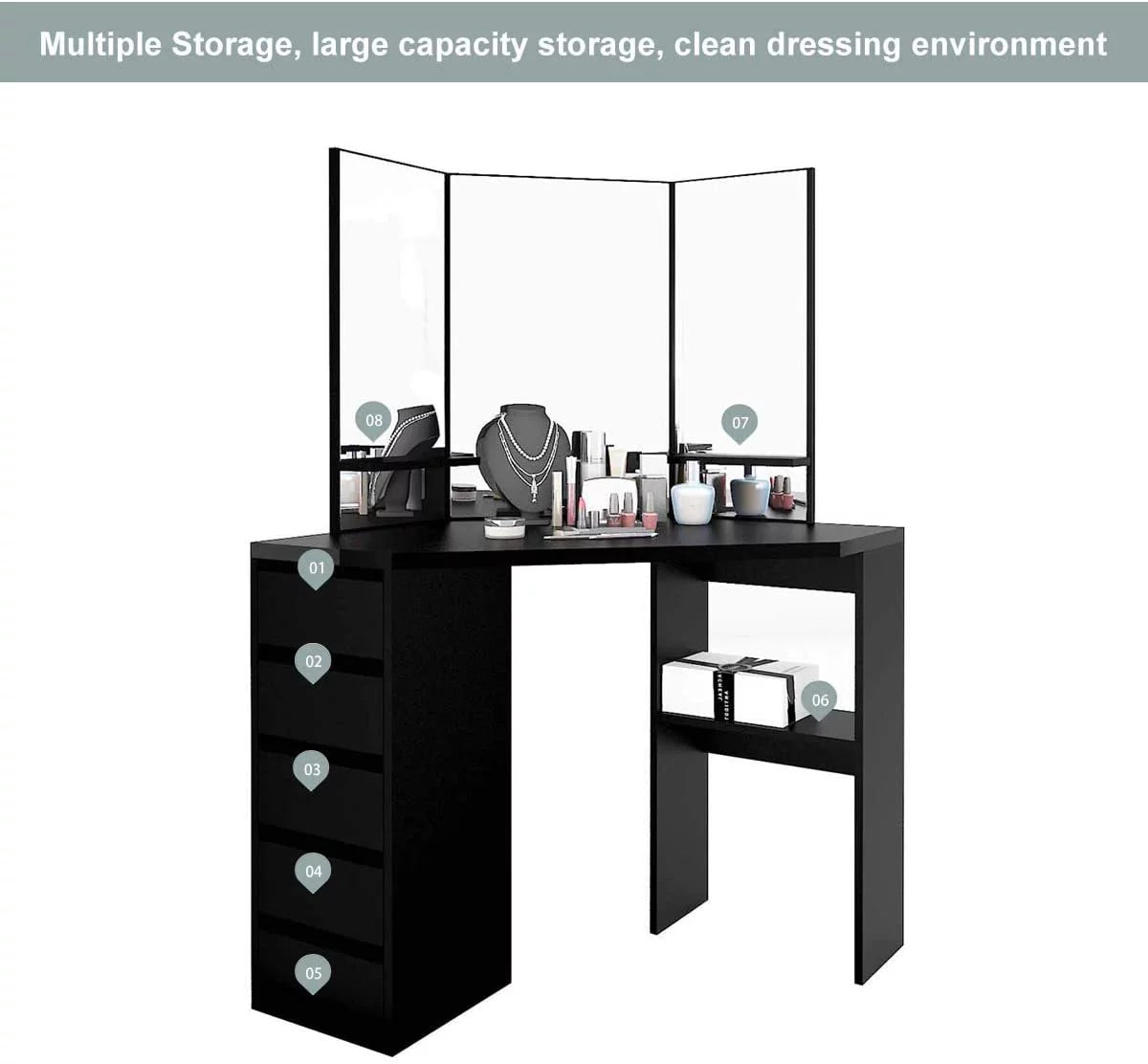 Black 5 Drawer Vanity Table with Three-Fold Mirror R199