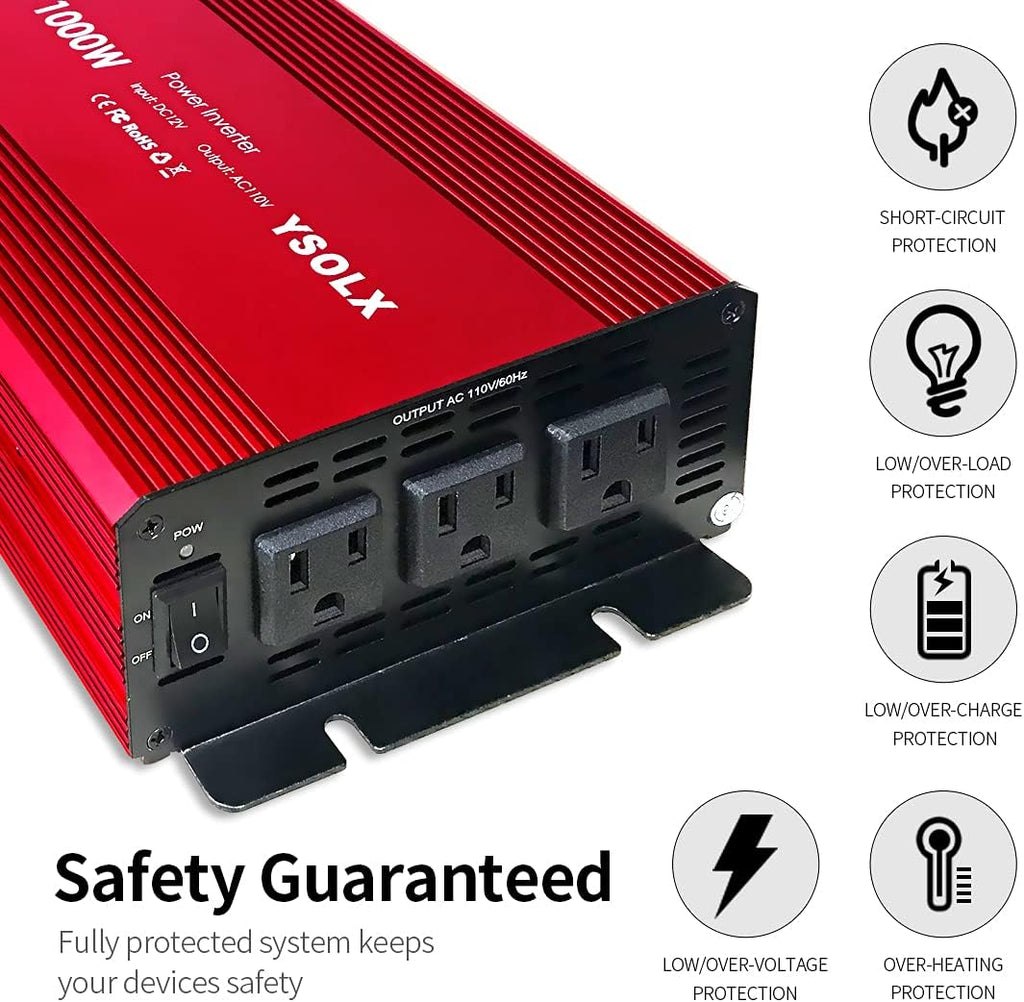 1000 Watt 12V to 110V Power Inverter with 3 AC Outlets A8579