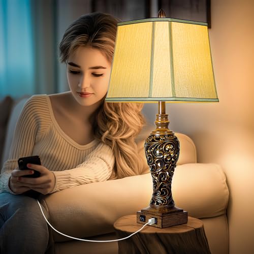 Vintage Brown Table Lamps Set of 2 with Faux Silk Shades F506