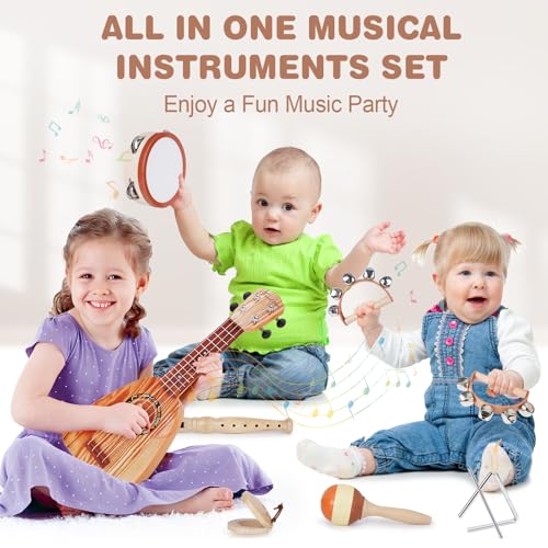 Kids Guitar Set 7 in 1 Musical Instruments with Ukulele Flute Tambourine Maracas A56839
