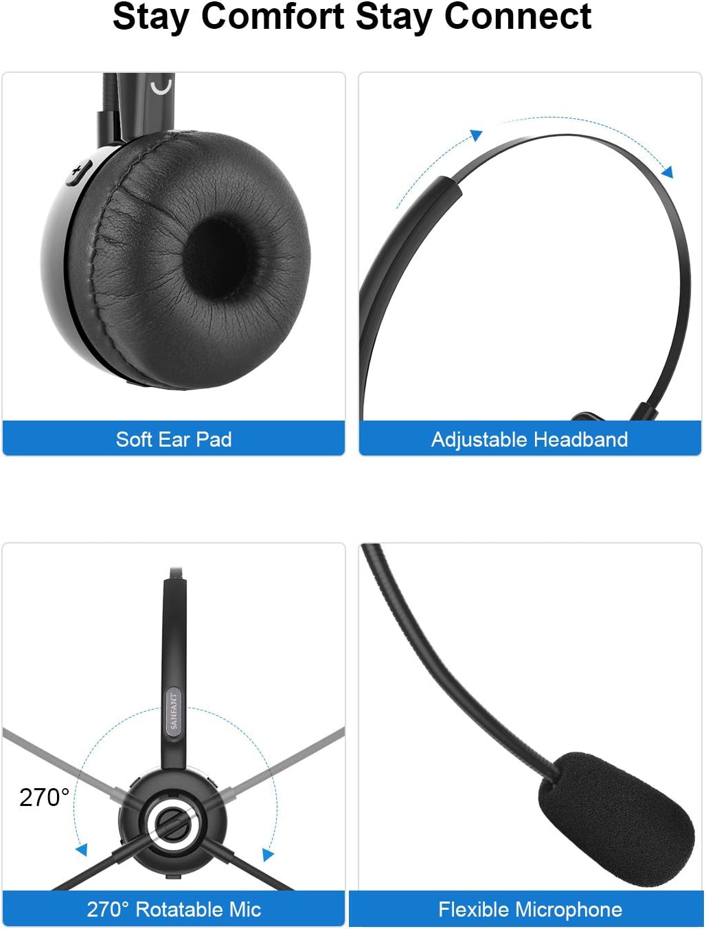 Bluetooth Headset with Microphone, Noise Canceling, 18hr Talktime E847