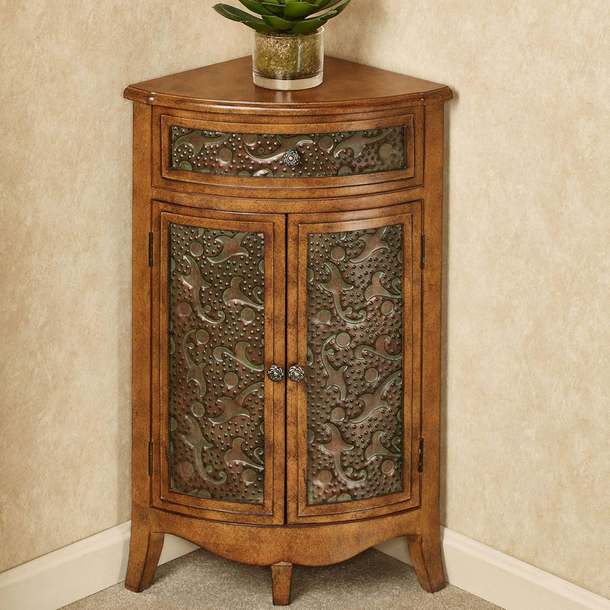 Corner Accent Storage Cabinet Pecan Wood 30.5 Inches Tall U7359