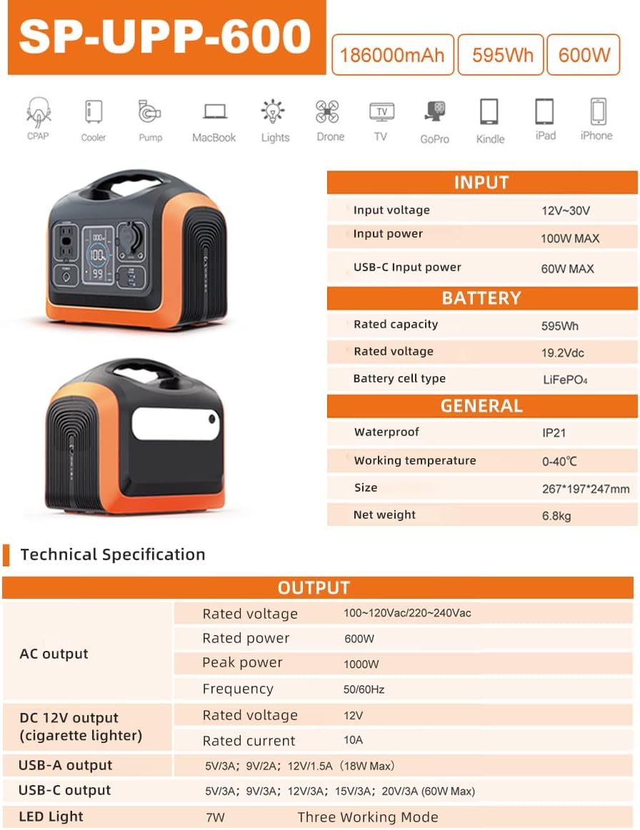 Portable Power Station 595Wh Lithium Battery 600W AC Outlet T562856