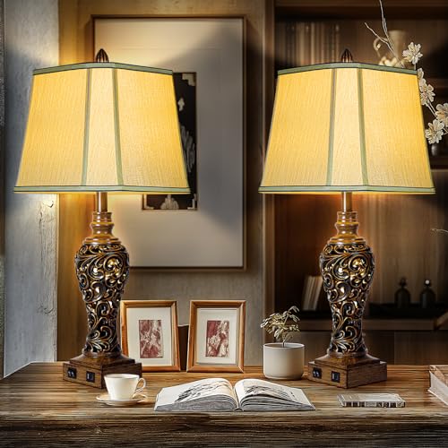 Vintage Brown Table Lamps Set of 2 with Faux Silk Shades F506