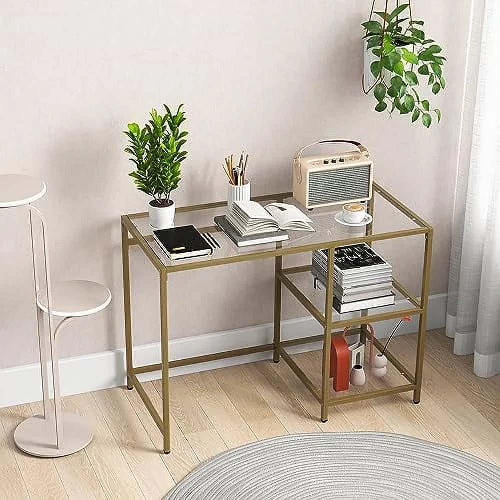 Tempered Glass Computer Desk with 2-Tier Shelves Gold S2698