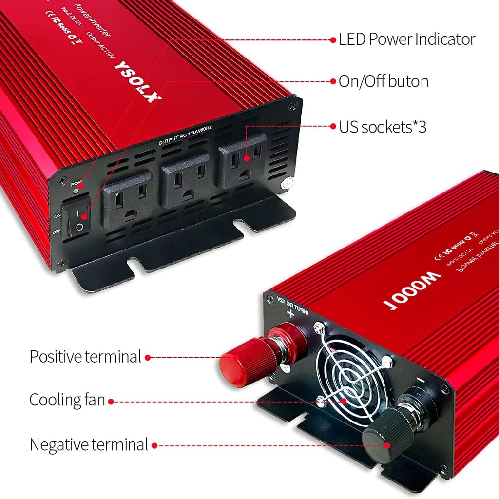 1000 Watt 12V to 110V Power Inverter with 3 AC Outlets A8579