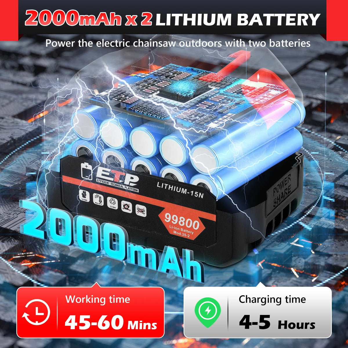 12 Cordless Electric Chainsaw with 2pcs 2000Ah Battery T4234