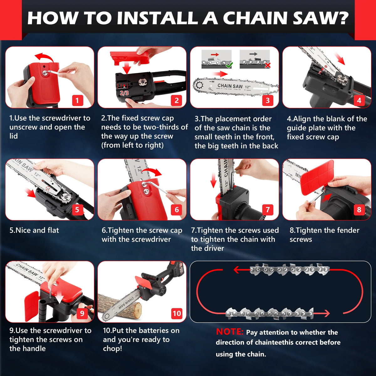 12 Cordless Electric Chainsaw with 2pcs 2000Ah Battery T4234