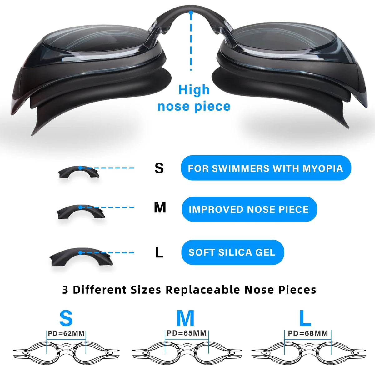 2pack Anti-Fog No Leak Swim Goggles with 3 Nose Pieces V89667